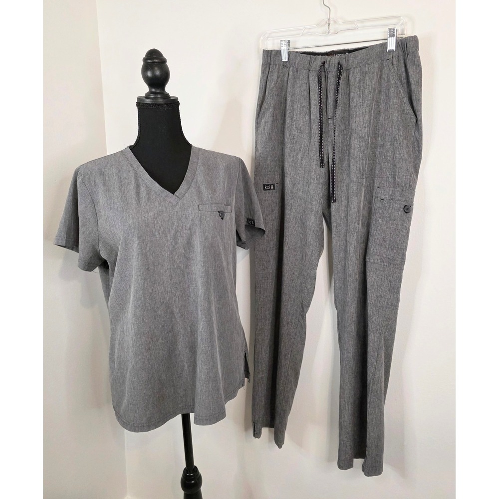 Koi Basics Scrub Set Mens Medium Grey V-Neck Top Cargo Pants Heathered Charcoal